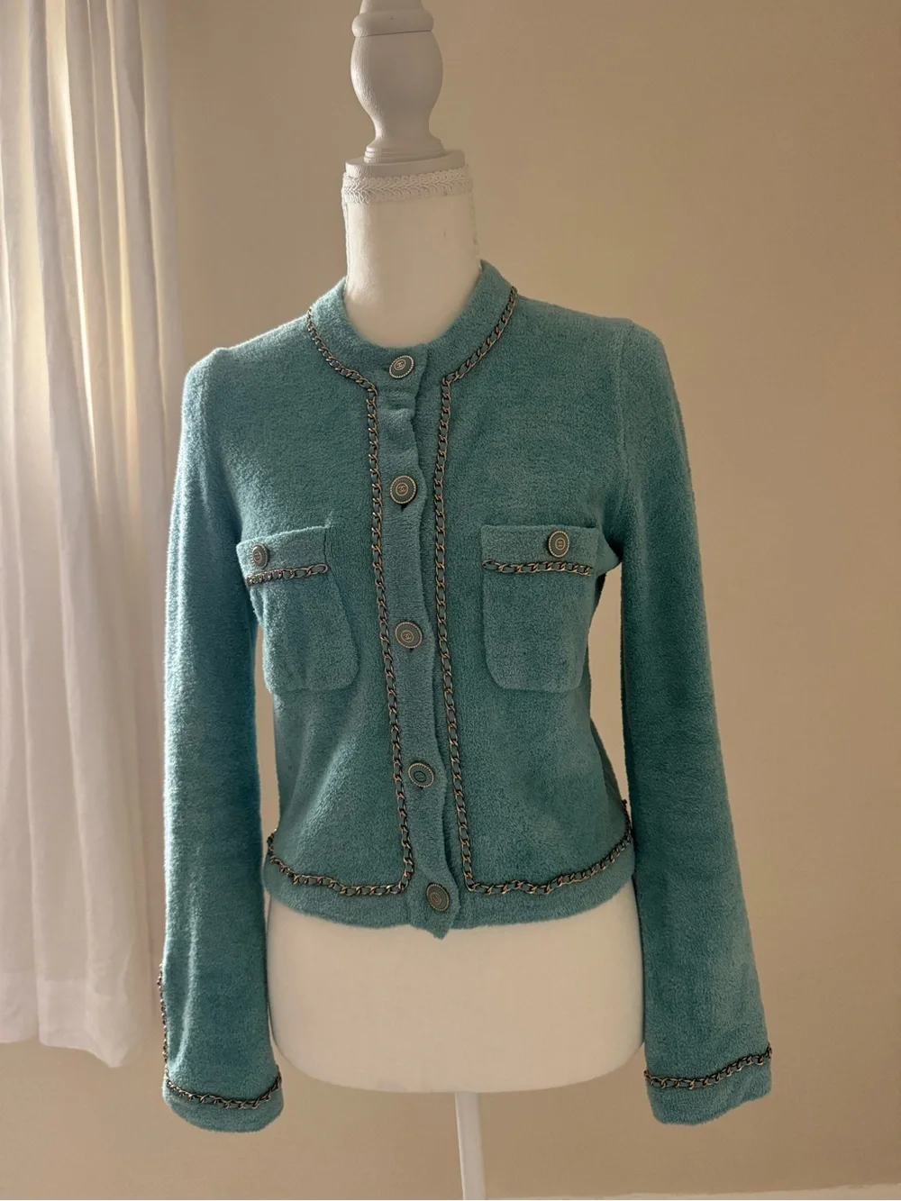 Chanel 2020 cruise resort terry cloth aqua jacket with chain detail size 34